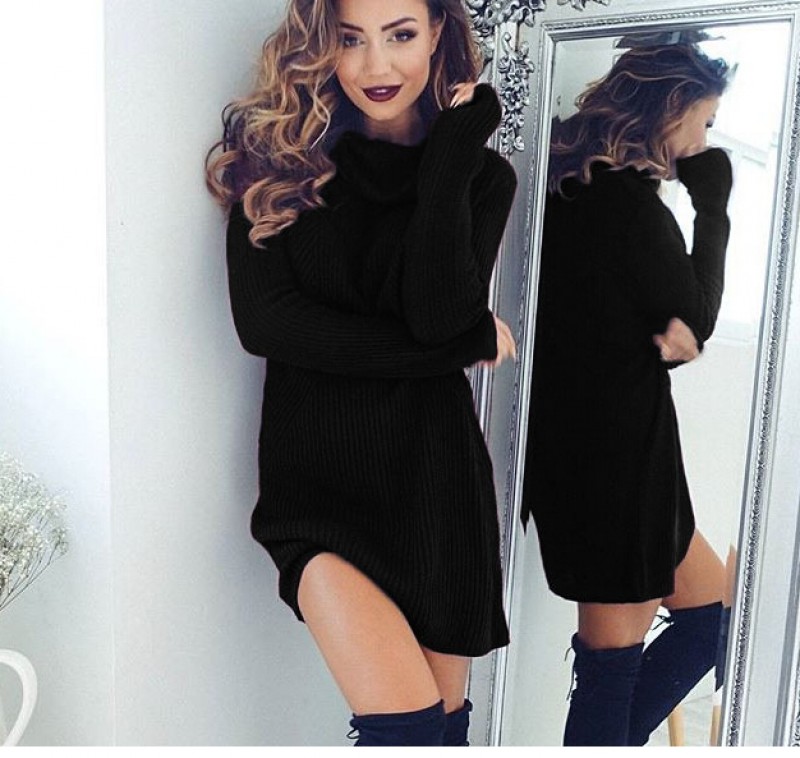 Black High Collar Sweater Dress Large