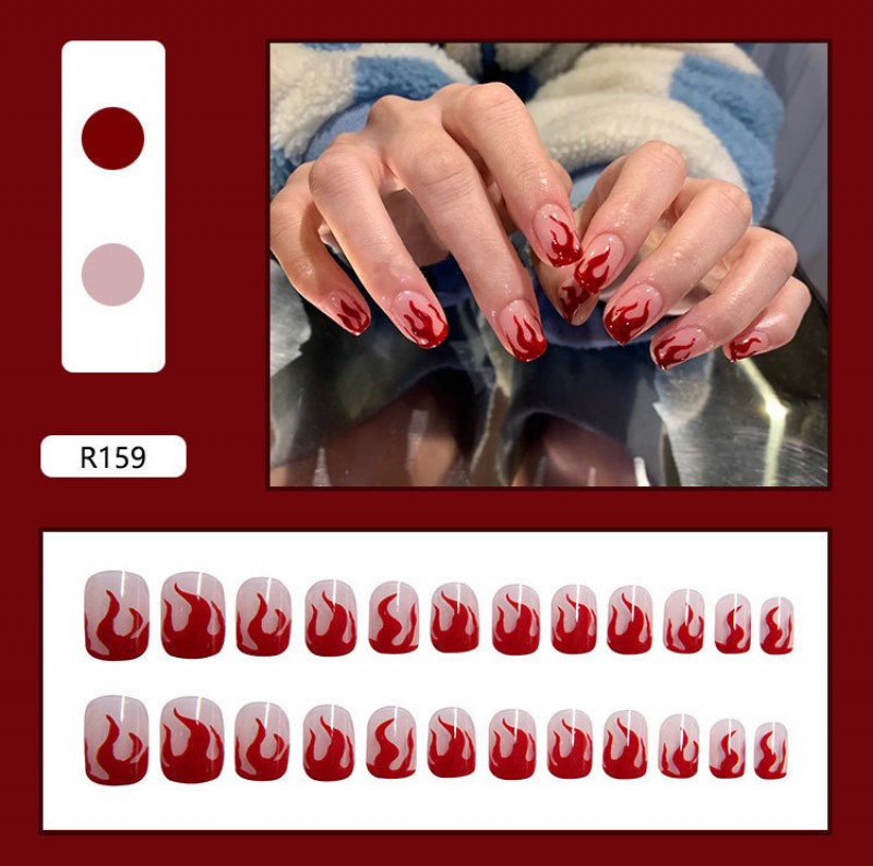 R159 Red Flame Fake Nails