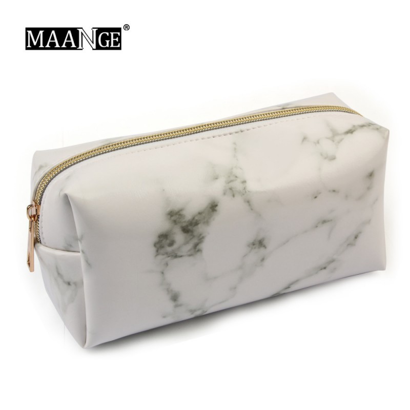 White Brush Gold Zipper Marble Pattern Cosmetic Bag