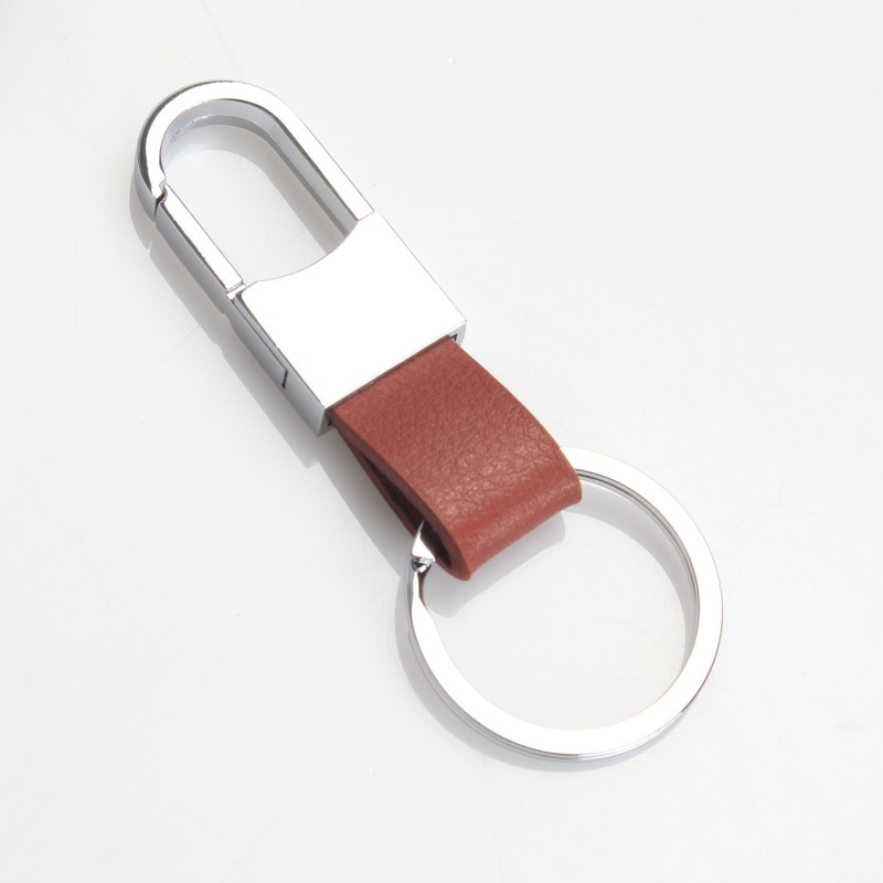 Silver + Brown Leather 8.3cmx2.0cm Metal Keychain Pendant