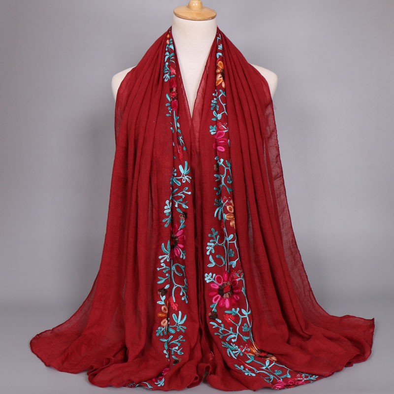 wine red Premium Embroidered Cotton Bloom Hijab