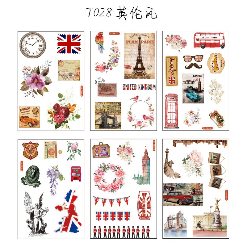 T028 British Style 6 Pieces Sticker Sheet Pack