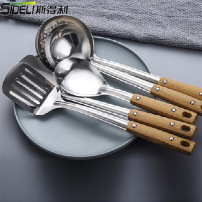 Frying Spatula Wood Grain Handle Stainless Steel Kitchen Utensil