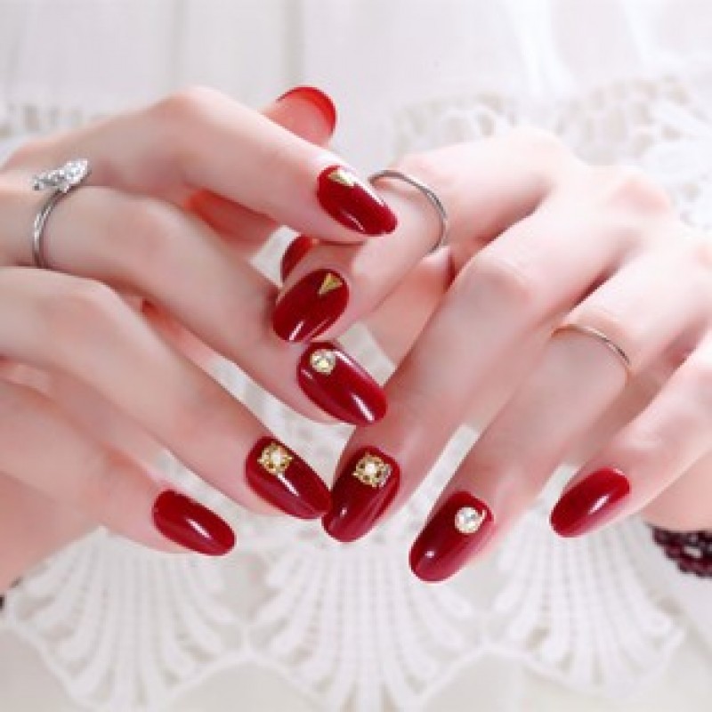 Burgundy Rivet 57 Adhesive Type Rikadi Fake Nails Set