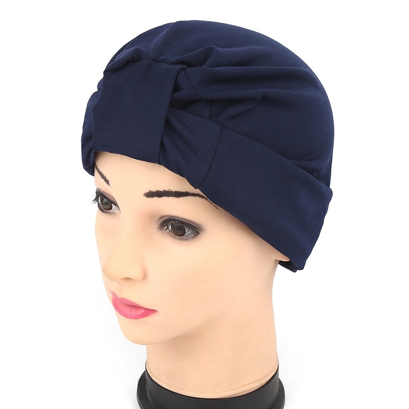 Navy Adjustable Milk Silk Turban Scarf Cap 
