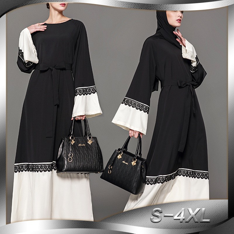 Black + White Elegant Lace Abaya XXL 