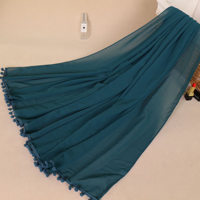 blue green Pom Pom Chiffon Scarf