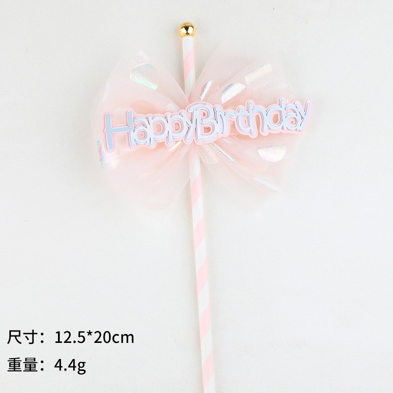 Straw Mesh Bow Hb Fairy Stick - Pink Cake Topper