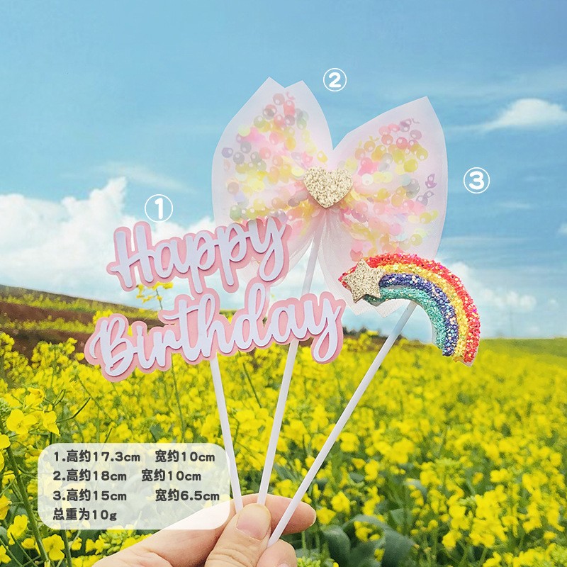 Sequin Bow Rainbow Hb - Pink Cake Topper Clearance