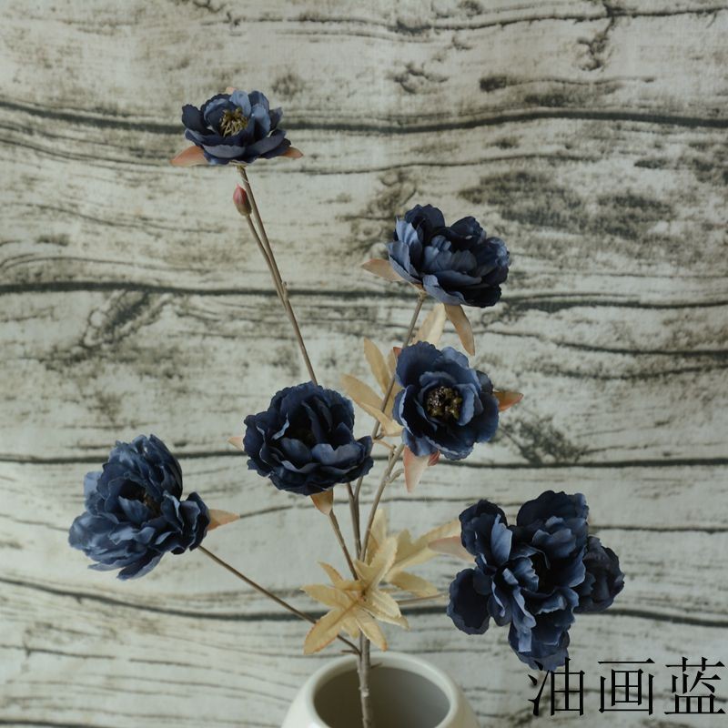 6 Peony Oil Painting Blue Artificial Flower Clearance