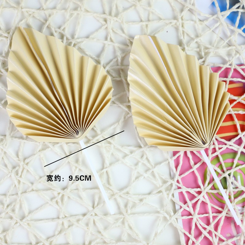 Beige - Small - Leaf Folding Fan - Pack Of 2 Cake Topper