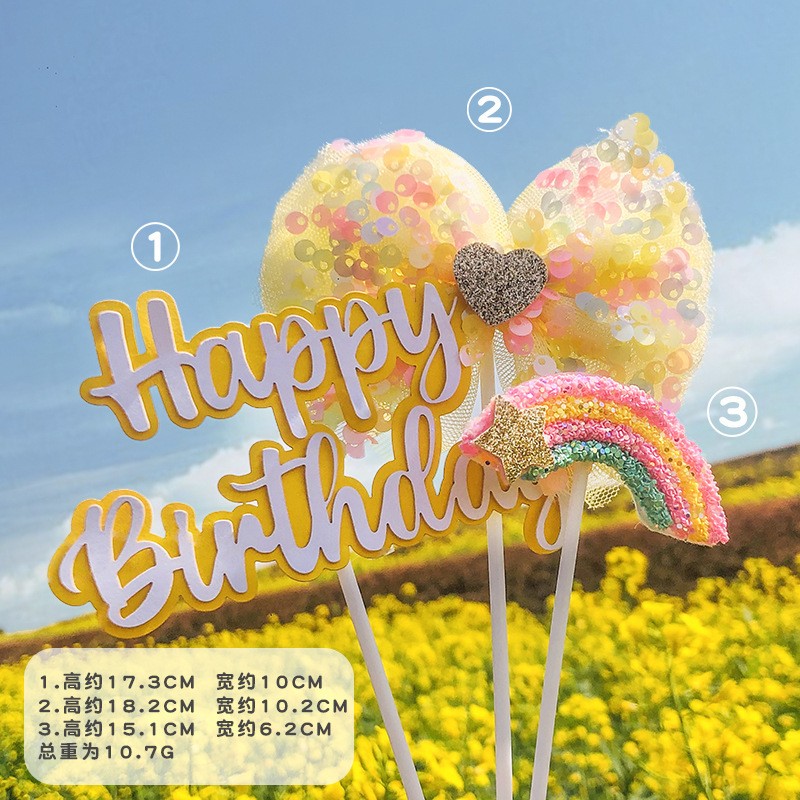 Sequin Bow Rainbow Hb - Yellow Cake Topper Clearance
