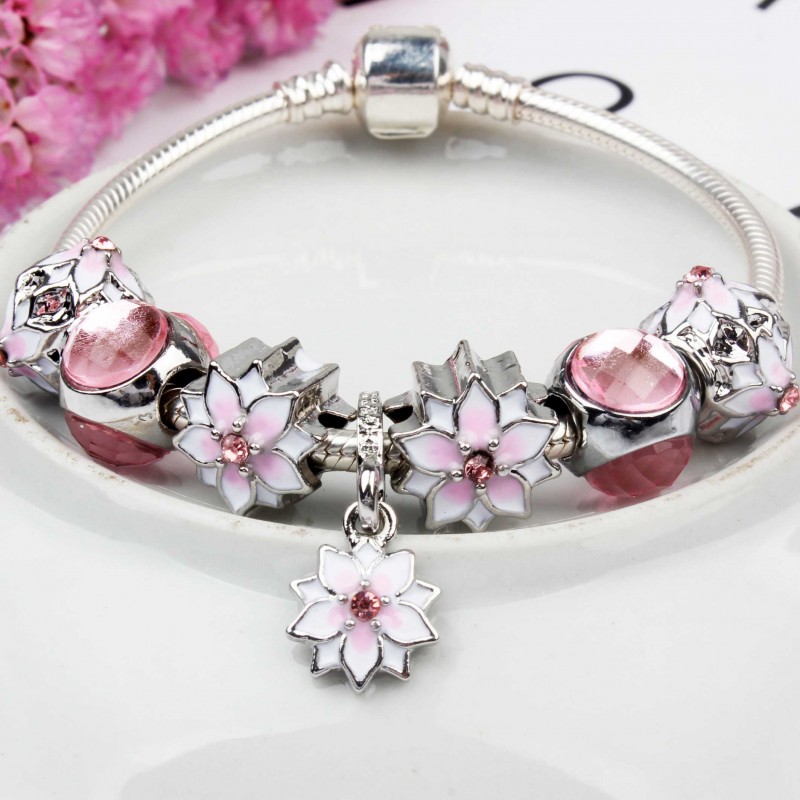 Bright Pink Floral Charm Bracelet
