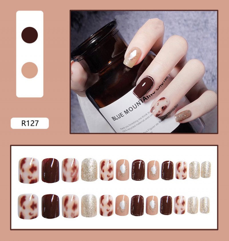 R127 Coffee Leopard Pattern Fake Nails