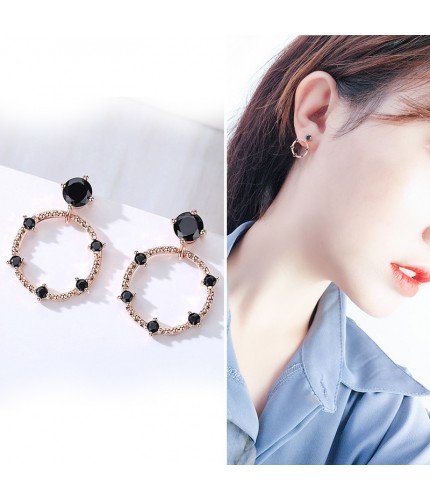 Wh065-Rose Gold Black Silver Needle Korean Style Earrings