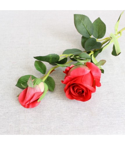 Red Green Leaves Rose Bud Artificial Flower