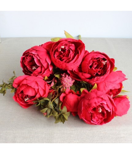 Green Leaves Double Red Peony High Grade Artificial Flowers