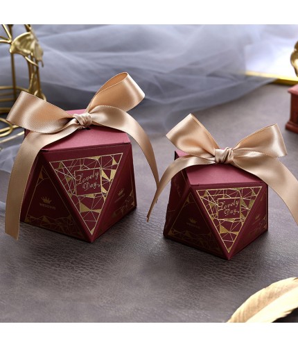 Wine Red - Gold Ribbon Large 7X7X10Cm Wedding Favors Box Clearance