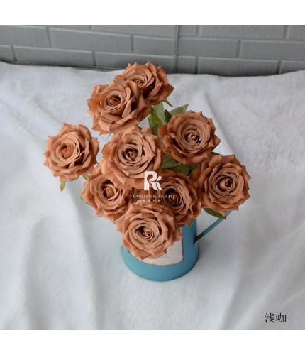 9-Head Drill Book Rose Light Coffee Artificial Flower