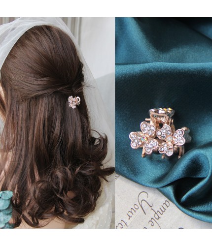 Rose Gold-Double Flower Rhinestone Clamp Kstyle Hair Clip Clearance