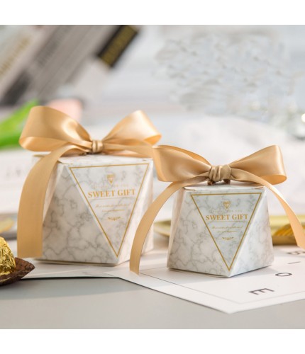 Marble - Gold Ribbon Large 7X7X10Cm Wedding Favors Box