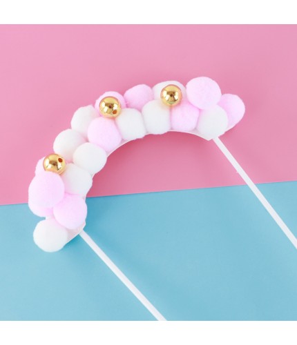 Pink White - 1 Piece - Small Hair Ball 3 Gold Beads Cake Topper Clearance