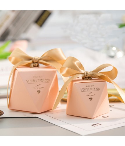 Pink - Gold Ribbon Large 7X7X10Cm Wedding Favors Box