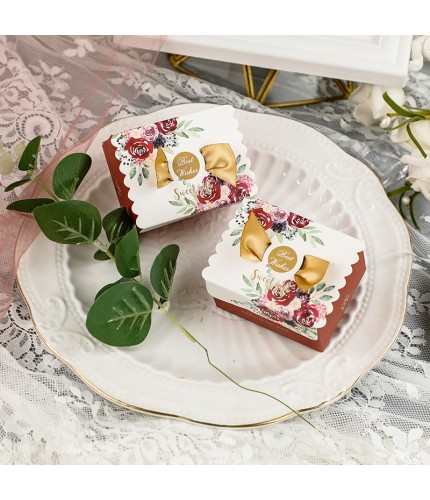 Burgundy Flower - Gold Ribbon Small Wedding Favors Box