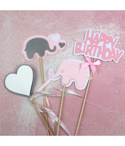 Love Elephant Happy Birthday Pink Cake Topper