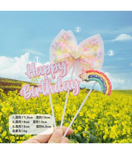 Sequin Bow Rainbow Hb - Pink Cake Topper Clearance