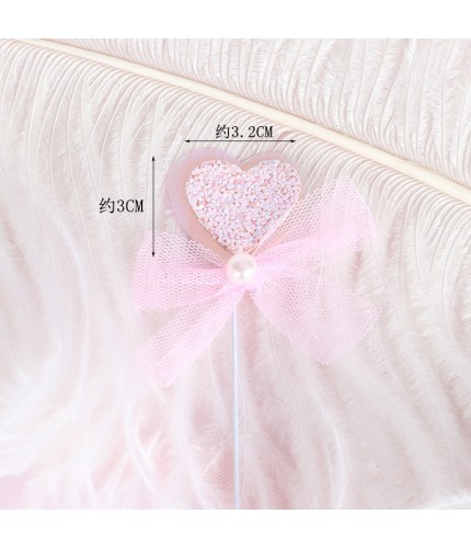 Double - Layer Fabric Bow Heart - Pink Cake Topper