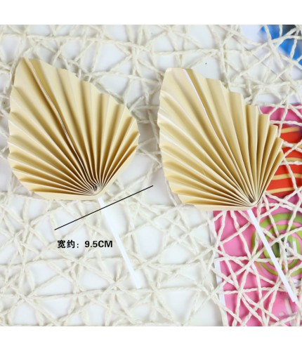 Beige - Small - Leaf Folding Fan - Pack Of 2 Cake Topper