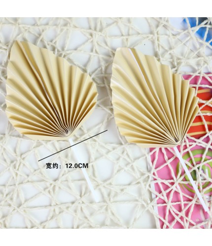 Beige - Large - Leaf Folding Fan - 2 Pieces Cake Topper
