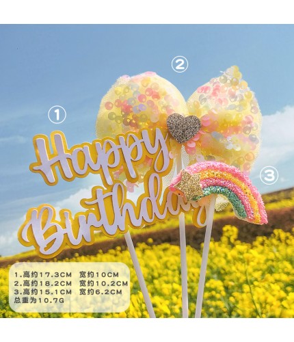 Sequin Bow Rainbow Hb - Yellow Cake Topper Clearance
